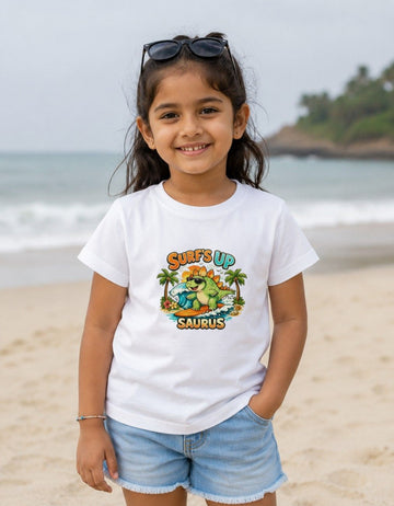 Surf's Up Saurus Kids Graphic T-Shirt | Cute Dinosaur Summer Tee | Girl