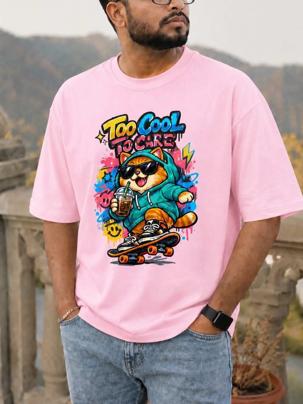 Too Cool To Care Cat Oversized T-Shirt