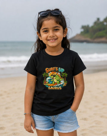 Surf's Up Saurus Kids Graphic T-Shirt | Cute Dinosaur Summer Tee  | Girl