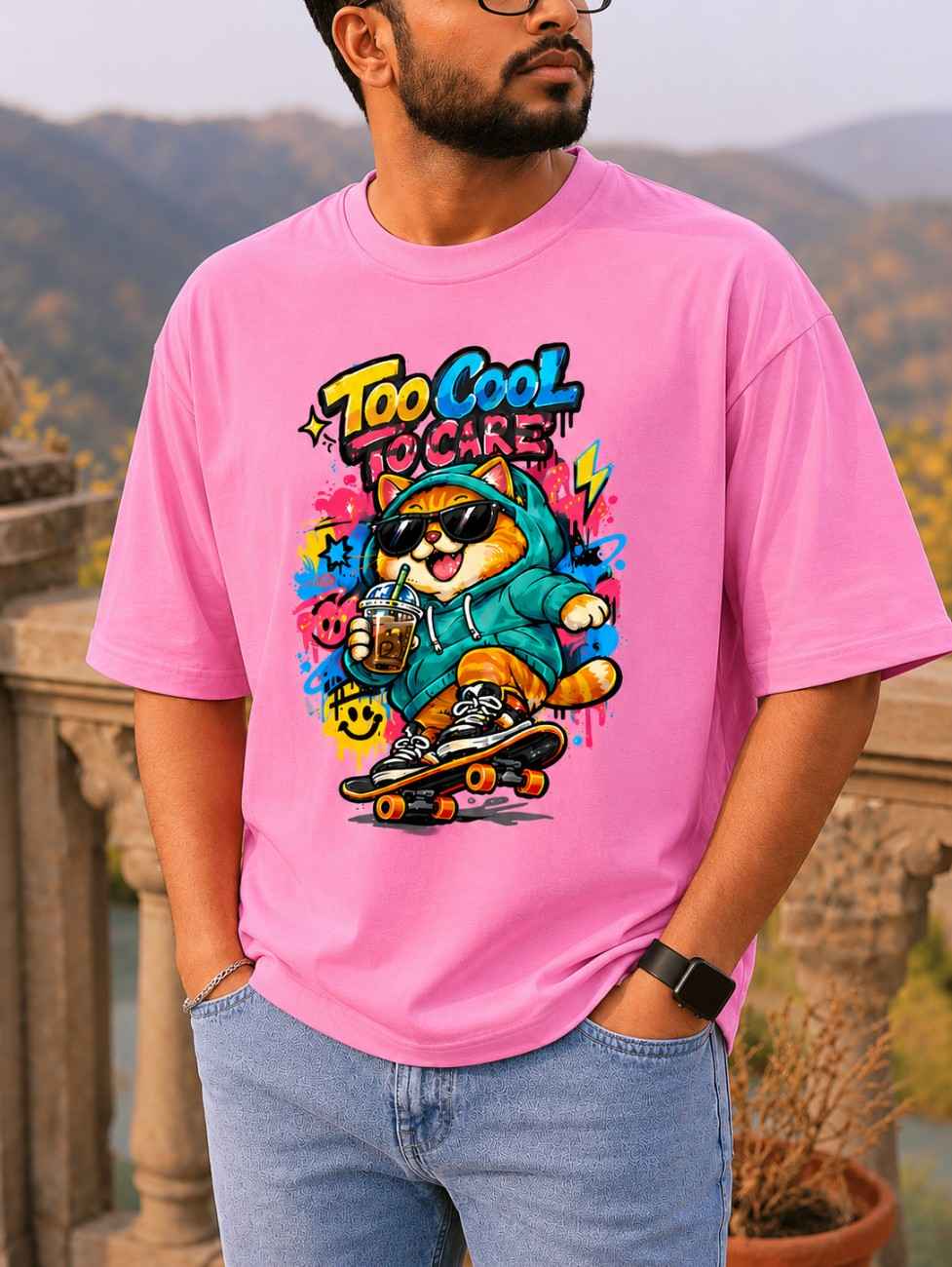 Too Cool To Care Cat Oversized T-Shirt