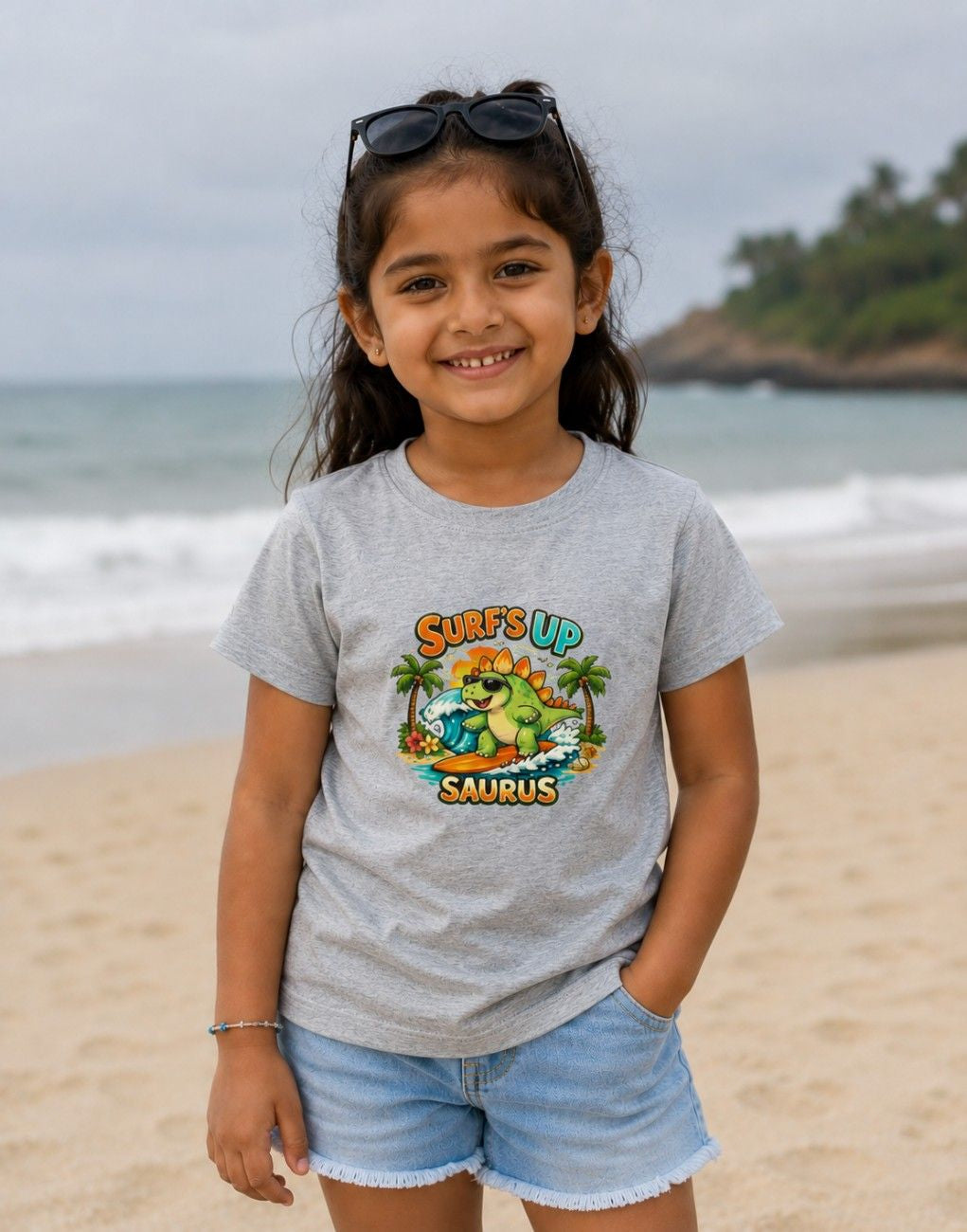 Surf's Up Saurus Kids Graphic T-Shirt | Cute Dinosaur Summer Tee  | Girl