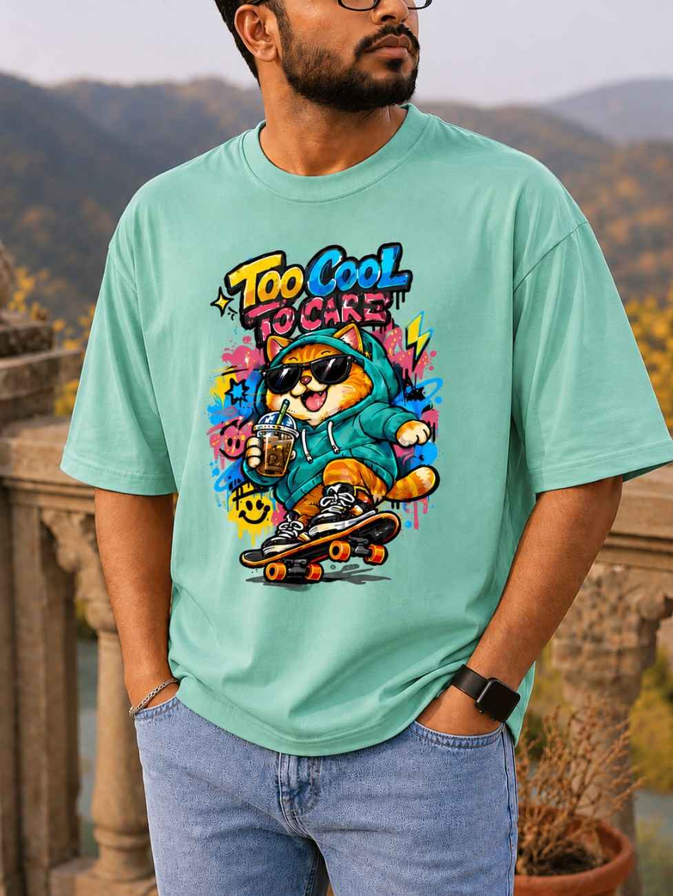 Too Cool To Care Cat Oversized T-Shirt