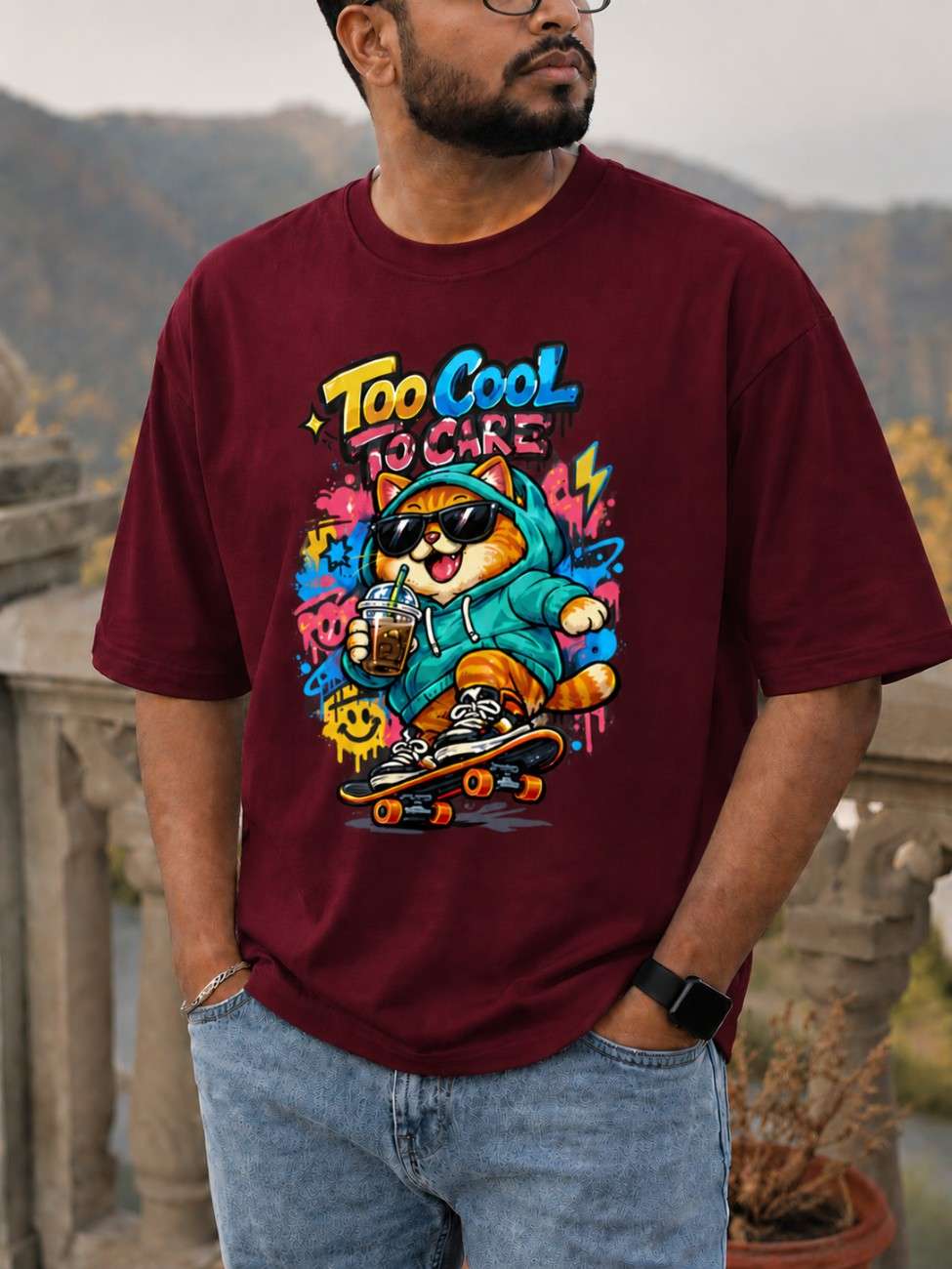 Too Cool To Care Cat Oversized T-Shirt