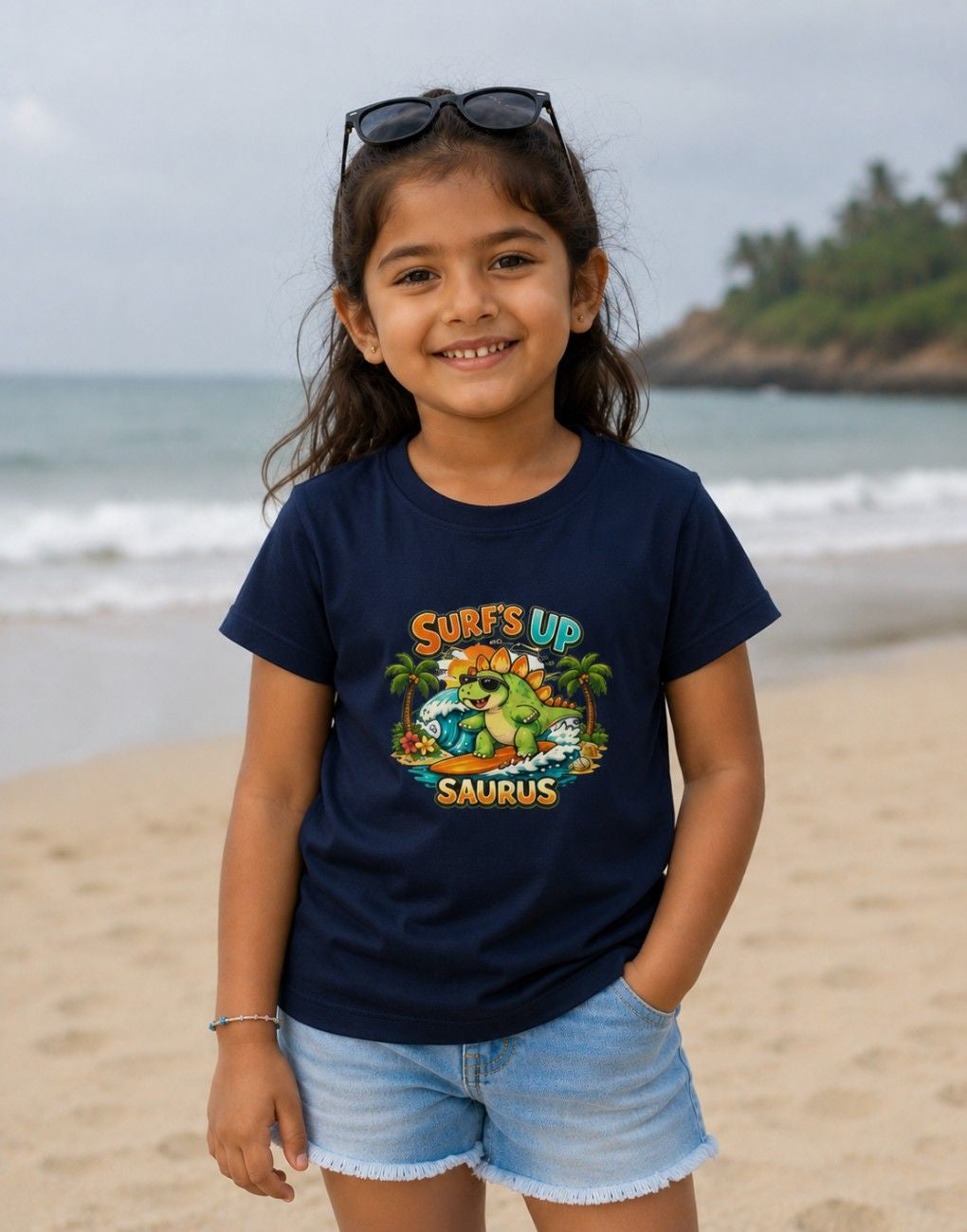 Surf's Up Saurus Kids Graphic T-Shirt | Cute Dinosaur Summer Tee  | Girl
