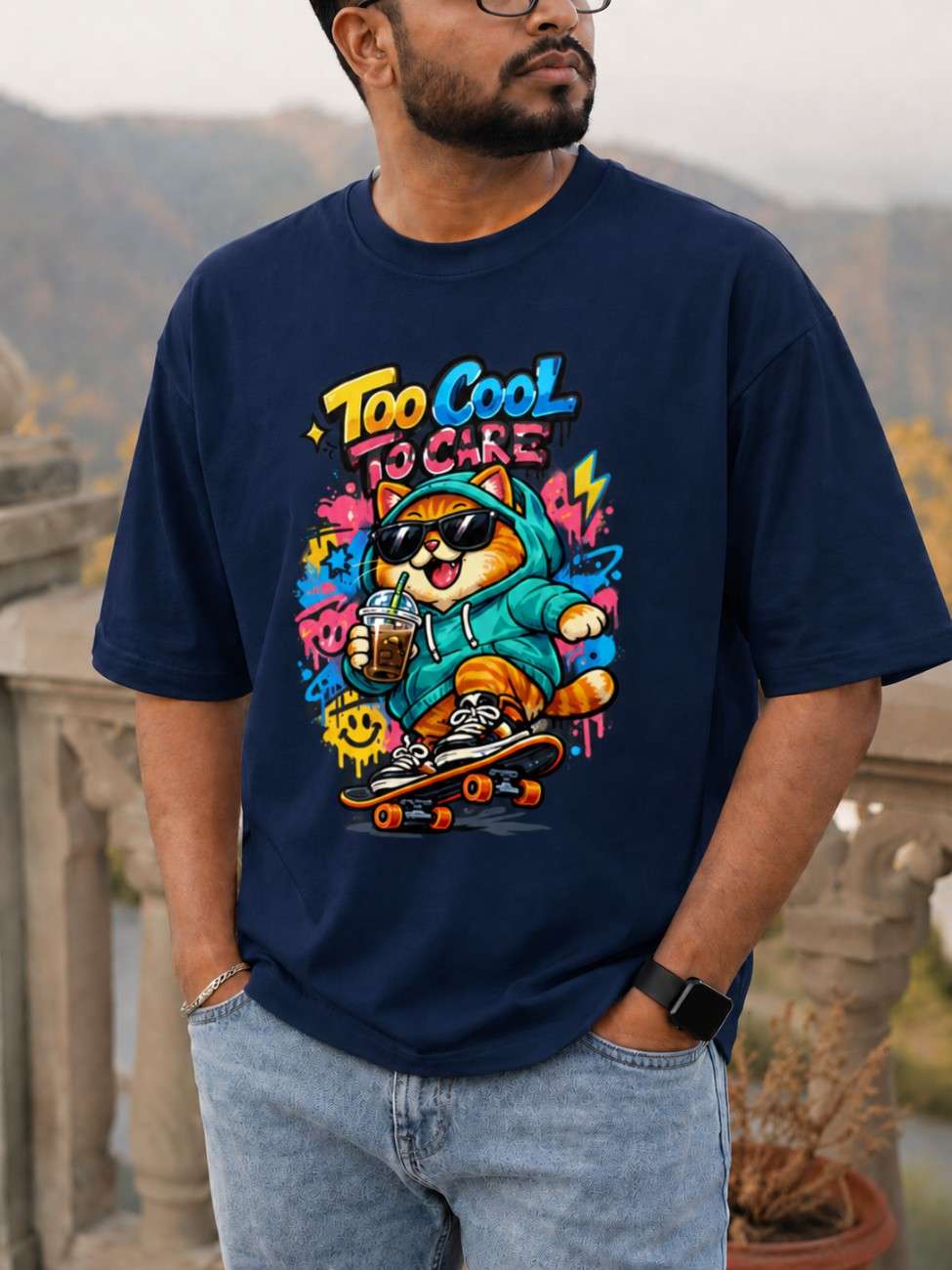Too Cool To Care Cat Oversized T-Shirt