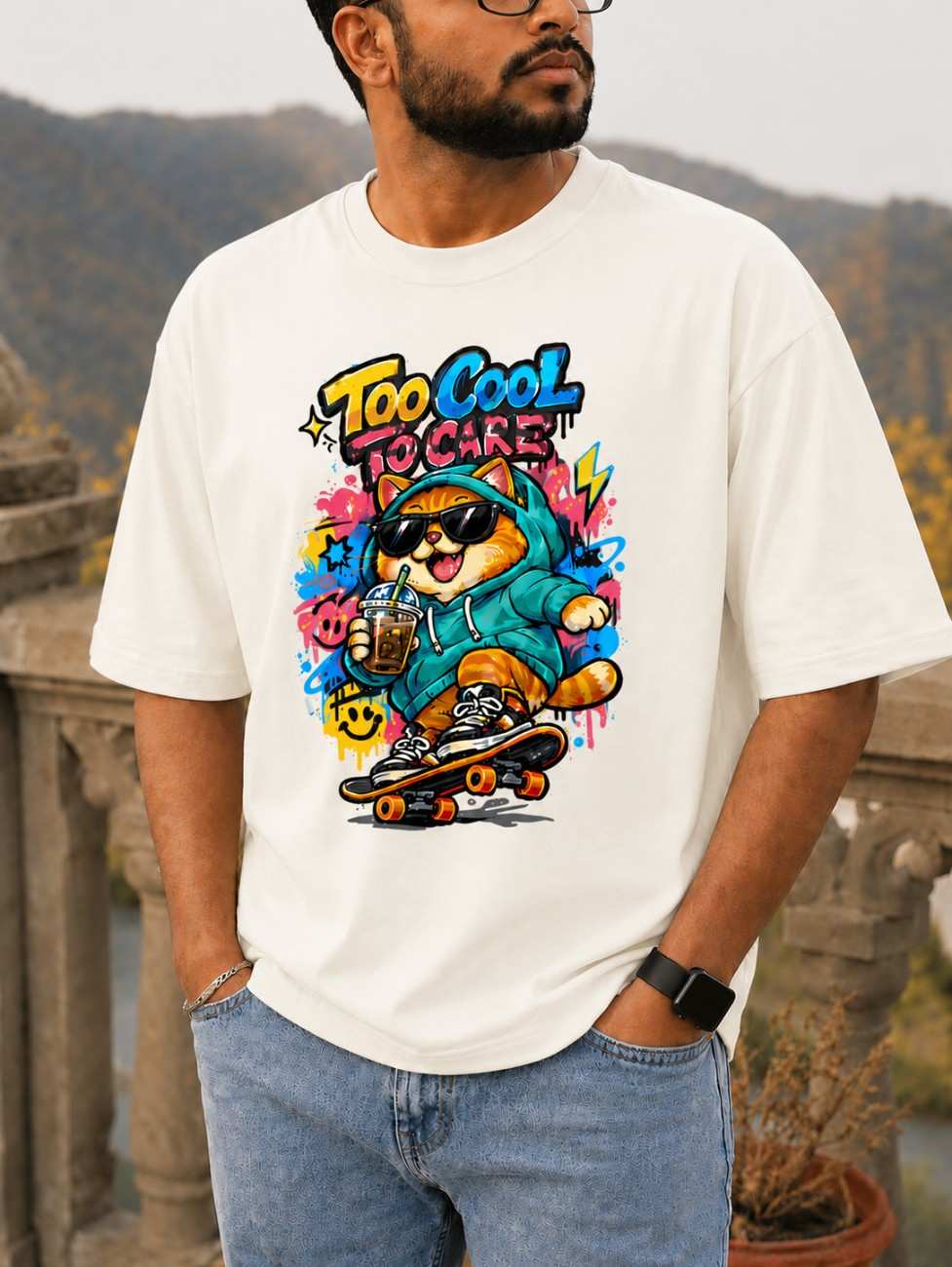 Too Cool To Care Cat Oversized T-Shirt