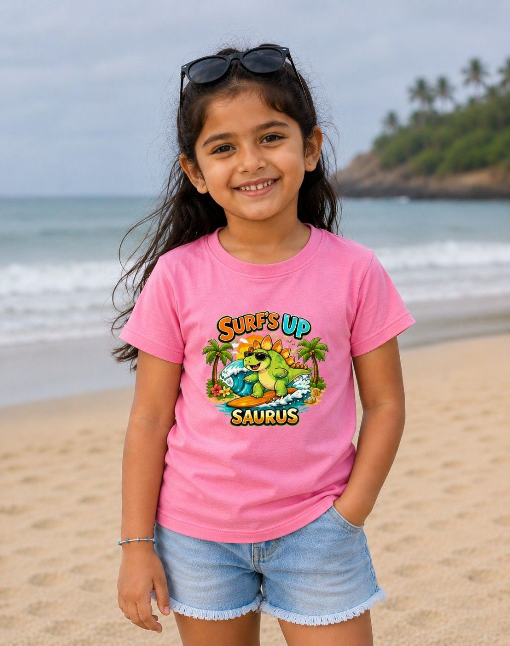 Surf's Up Saurus Kids Graphic T-Shirt | Cute Dinosaur Summer Tee  | Girl
