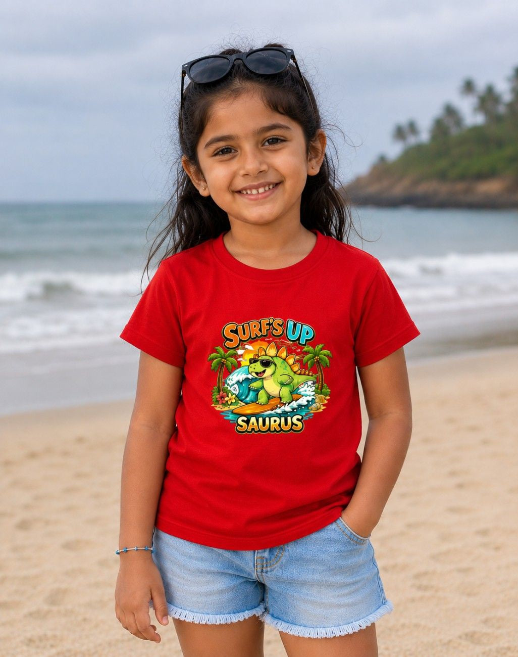 Surf's Up Saurus Kids Graphic T-Shirt | Cute Dinosaur Summer Tee  | Girl
