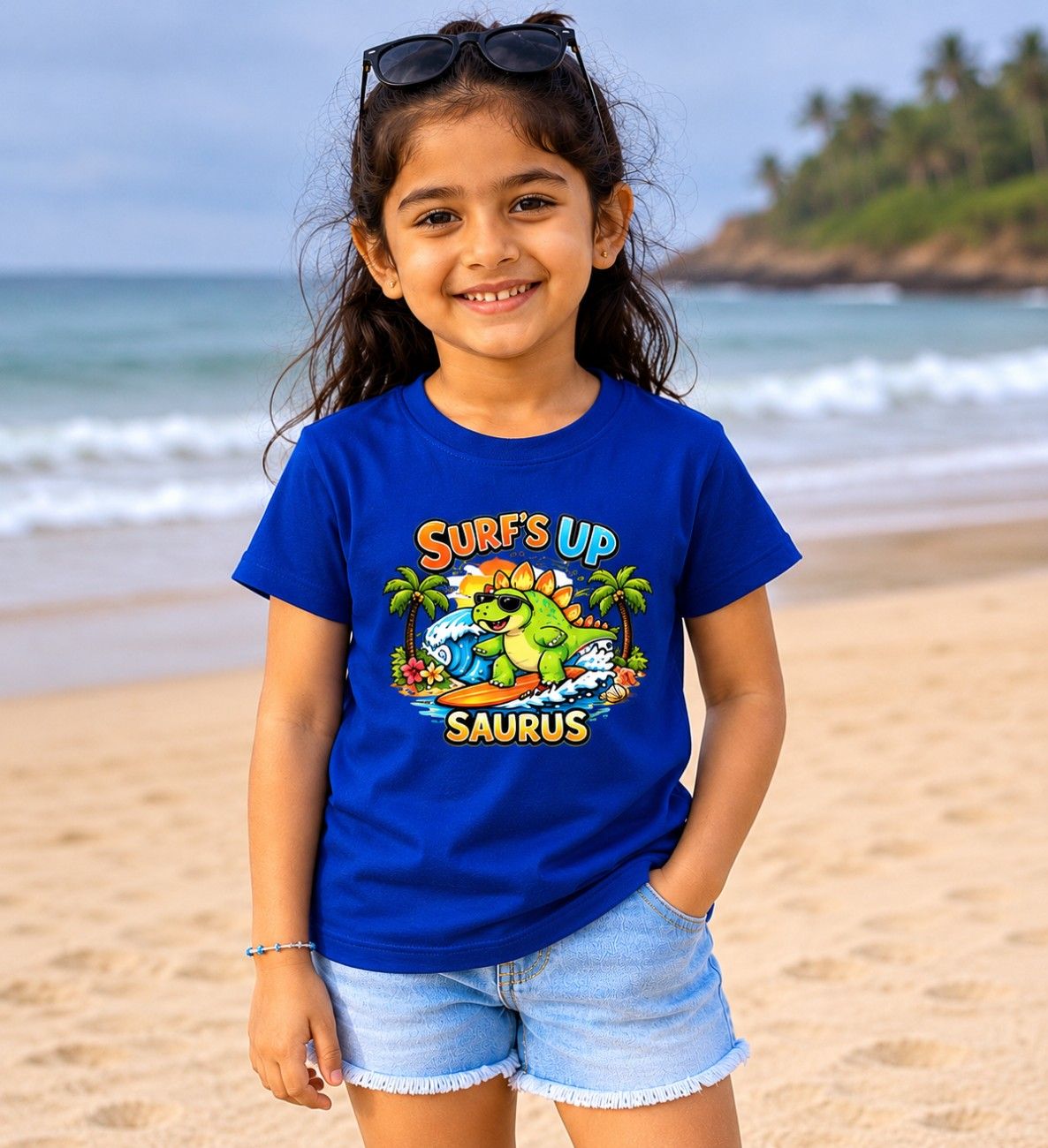 Surf's Up Saurus Kids Graphic T-Shirt | Cute Dinosaur Summer Tee  | Girl