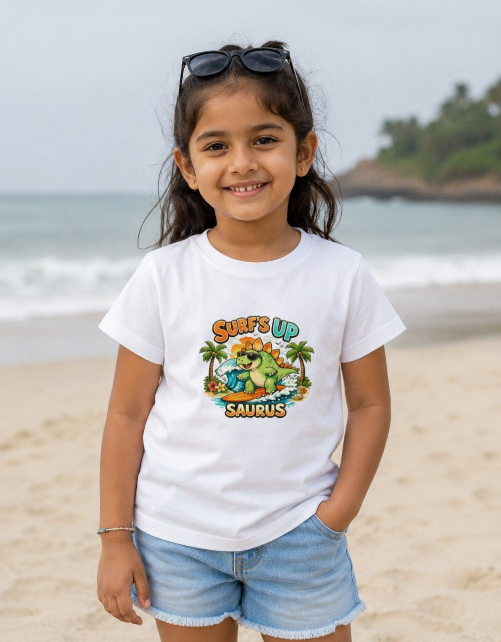 Surf's Up Saurus Kids Graphic T-Shirt | Cute Dinosaur Summer Tee  | Girl